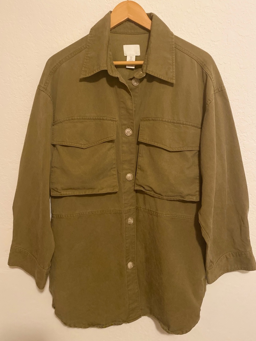 H&M Olive Green Button-Front Utility Shirt Jacket